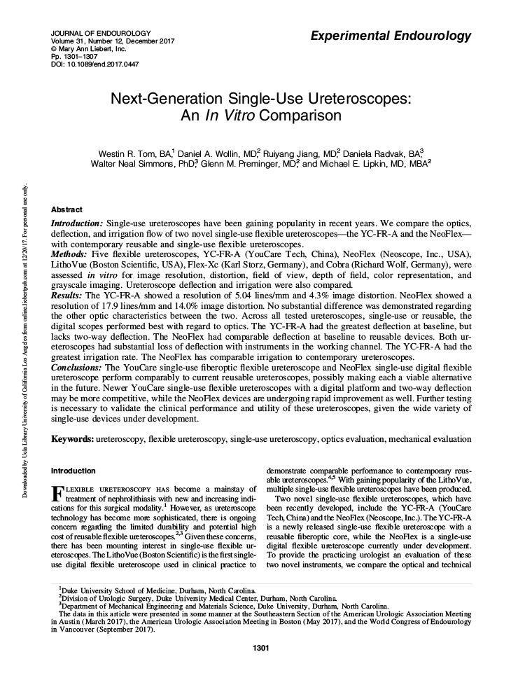 Next-Generation Single-Use Ureteroscopes: An In Vitro Comparison