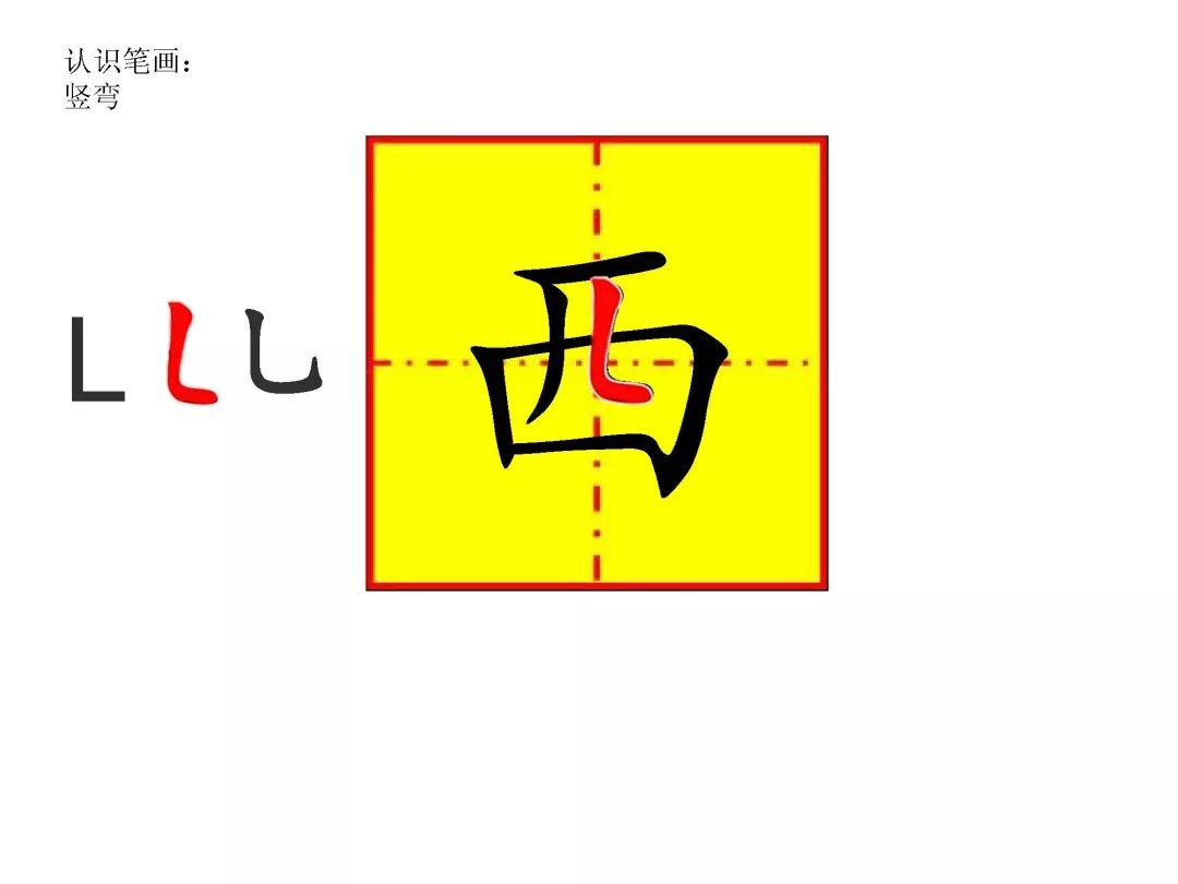 出示田字格生字:西,认识新笔画:竖弯,教师带学生一起说笔顺,学生读帖