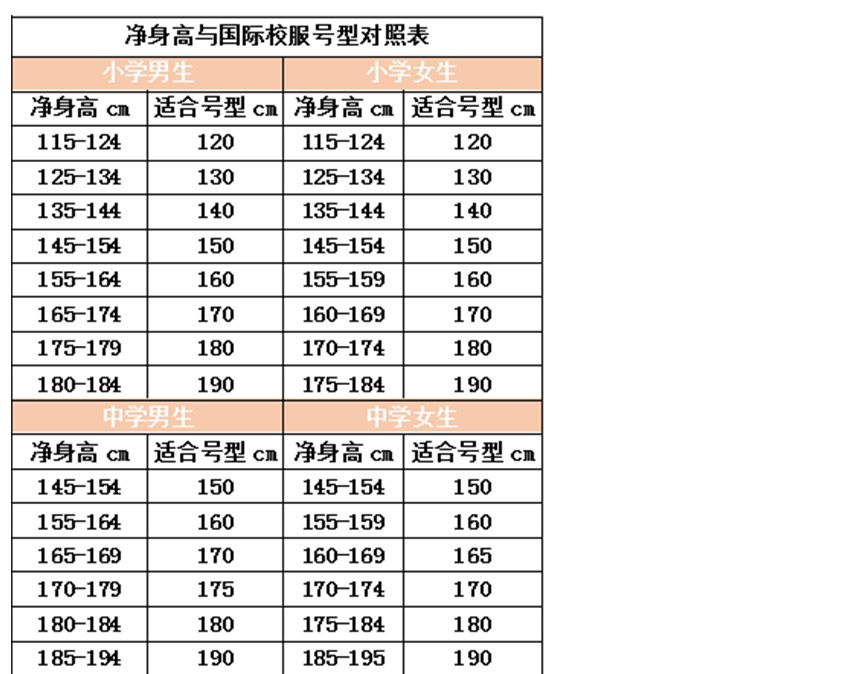 校服尺码选择