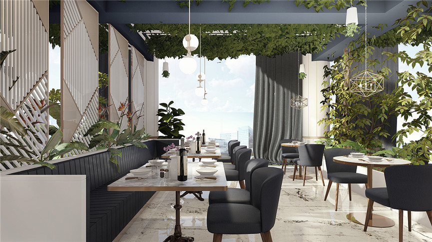园林式休闲餐饮酒店设计说明 植物时尚酒店餐厅装修设计效果图