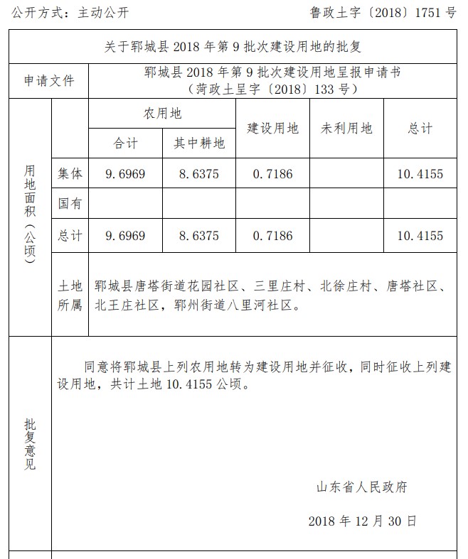 山东:郓城县2018年第9批次建设用地