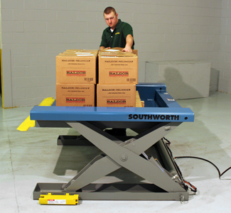 The Southworth low-profile floor height lift table, with pallet table, is basically flat with the gr