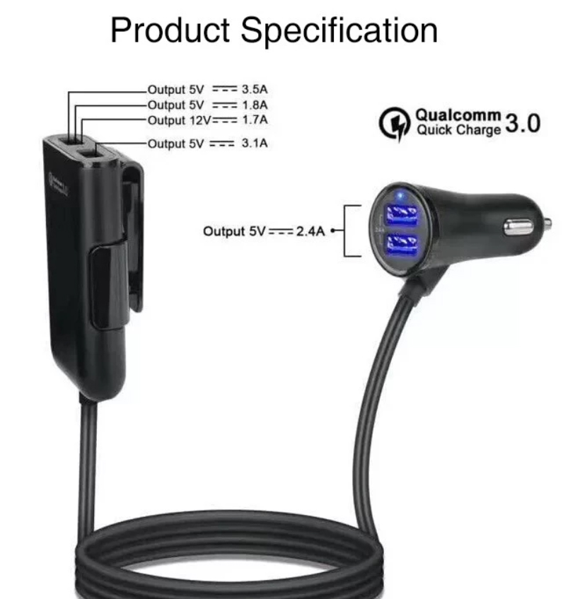 QC3.0 USB Car Charger  with wired extension