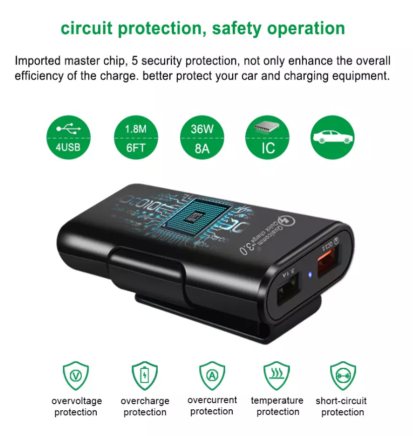 QC3.0 USB Car Charger  with wired extension