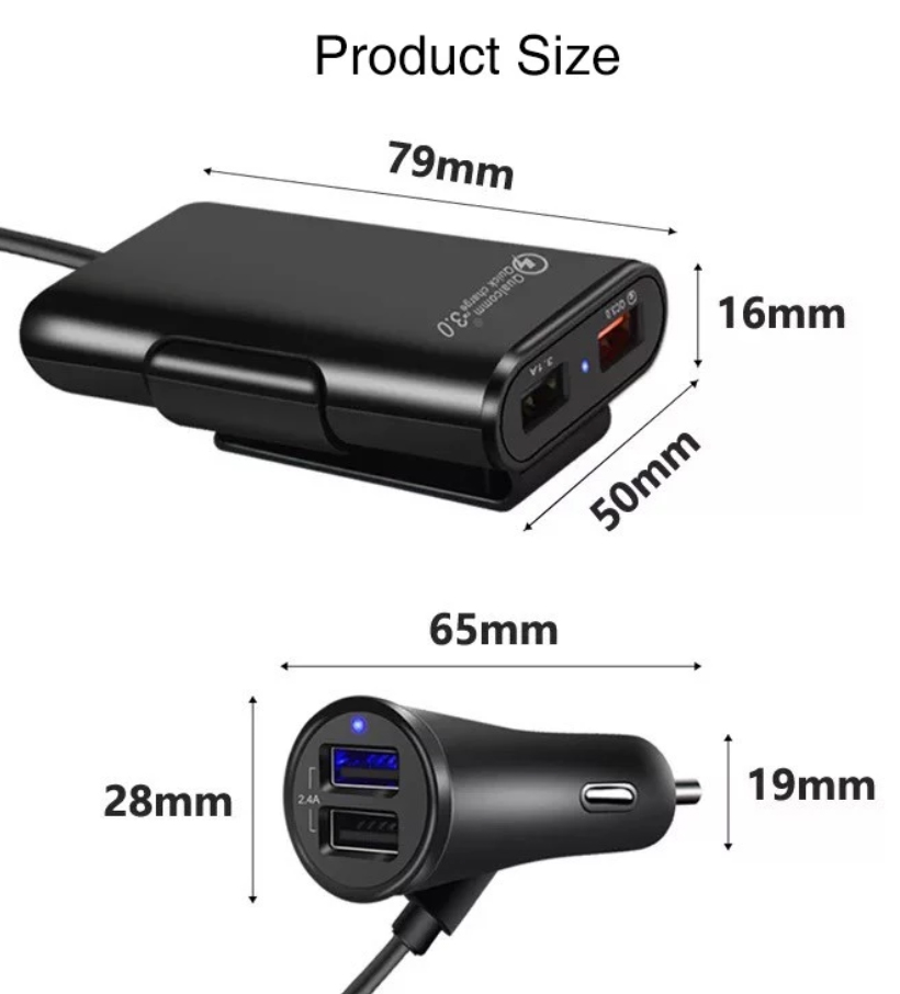 QC3.0 USB Car Charger  with wired extension