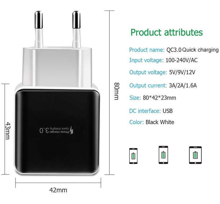 QC3.0  USB Quick Charger for Mobile European type