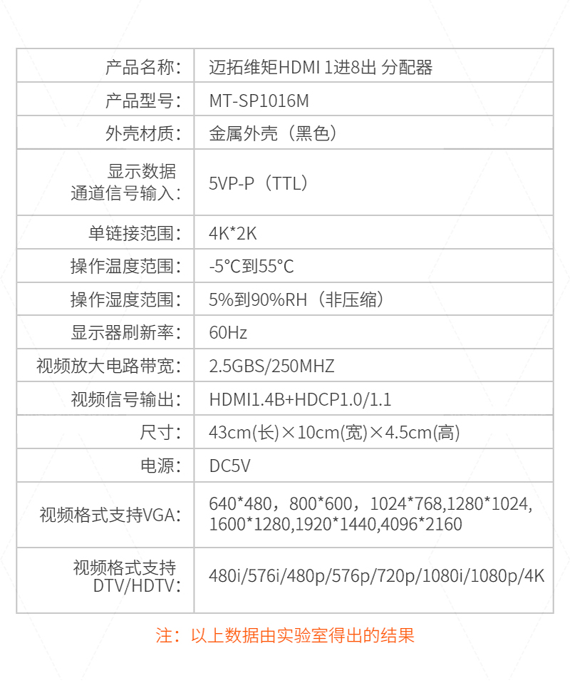 迈拓MT-SP1016 高清HDMI分频器4K*2K（ 1进16出）