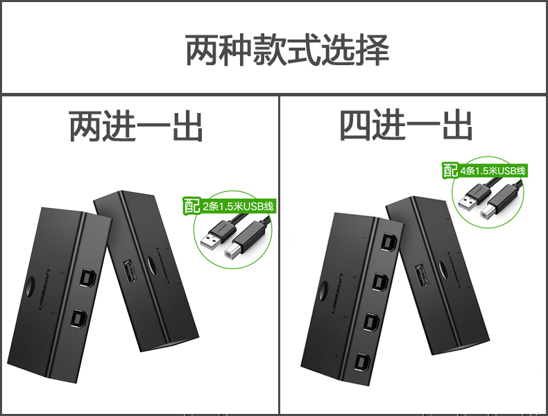 绿联30346-4口打印共享器-手动切换器四台电脑连接打印机4进1出