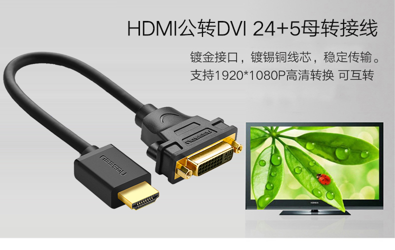 绿联20136-HDMI公转DVI母转接短线22CM