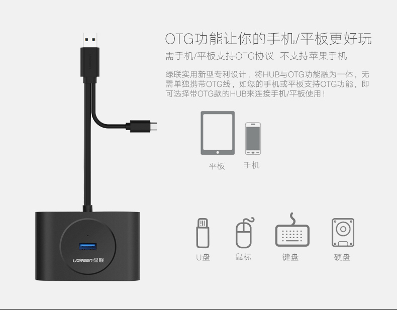 绿联20290-USB3.0 4口分线器0.5米黑色