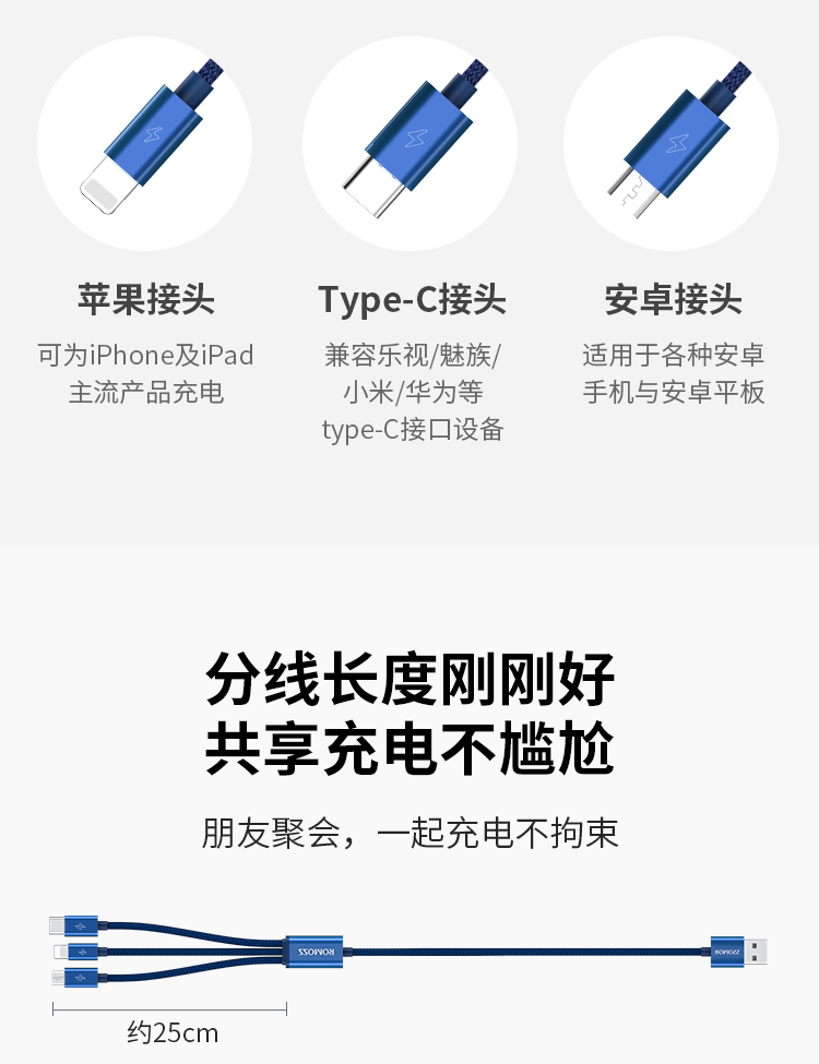 电源充电线苹果/安卓Type-C三合一手机电源线一拖三苹果/华为/小米/车载充电器快充1.5米 电源充电线苹果/安卓Type-C三合一手机电源线一拖三苹果/华为/小米/车载充电器快充1.5米