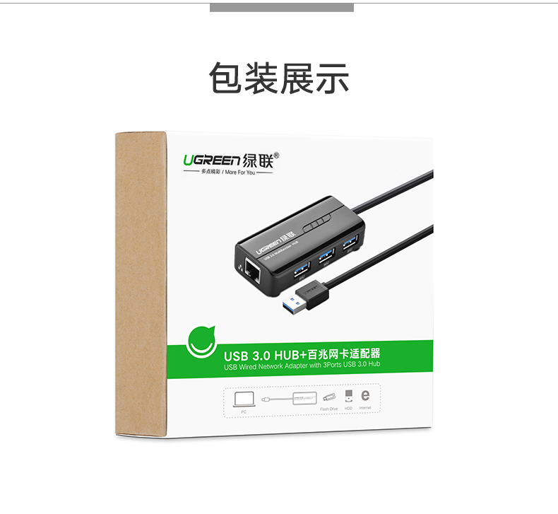 绿联20265-USB3.0千兆网卡+ 3口USB 3.0 HUB集线器 黑色