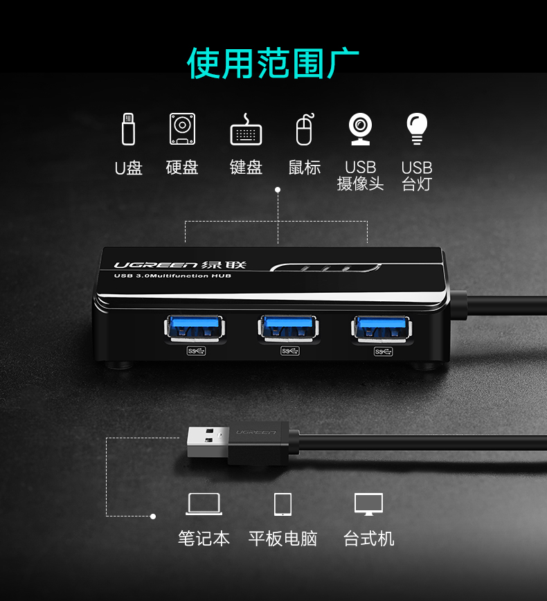 绿联20265-USB3.0千兆网卡+ 3口USB 3.0 HUB集线器 黑色