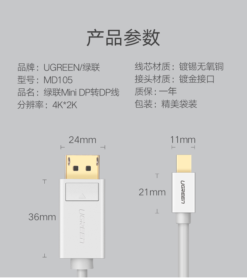 绿联10477-Mini DP转DP线1.5米黑色