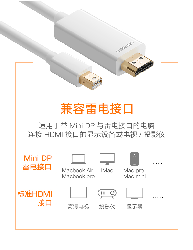 绿联10450-Mini DP转HDMI线 1.5米（黑色）