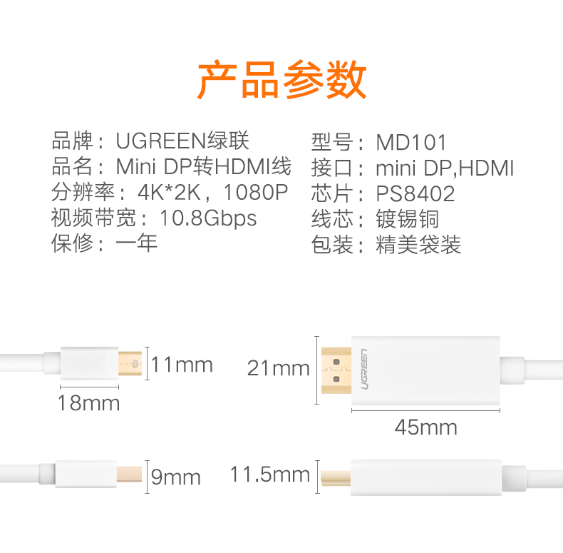 绿联20849-Mini DP转HDMI线1.5米白色