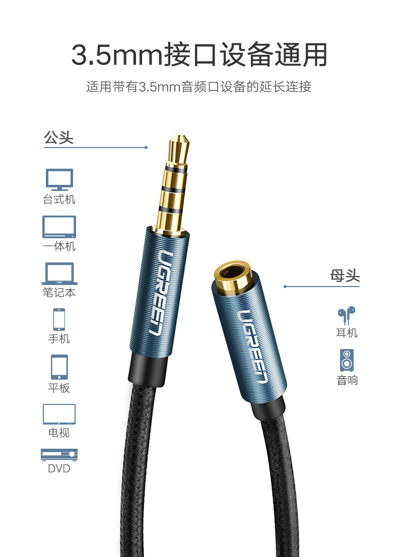 绿联40675-3.5mm公对母音频延长线 2米