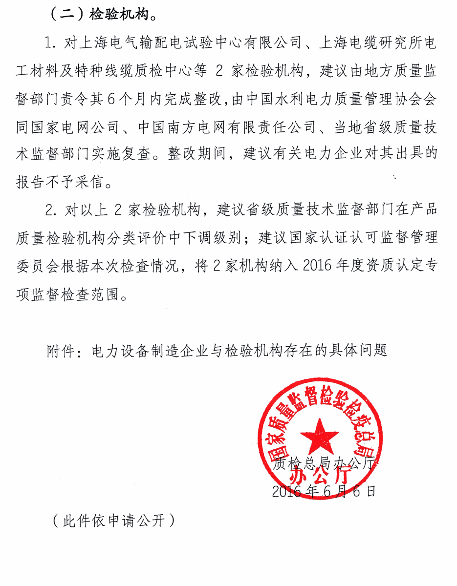 质检总局:关于电网设备材料质量监督行动有关工作情况的通报 电缆