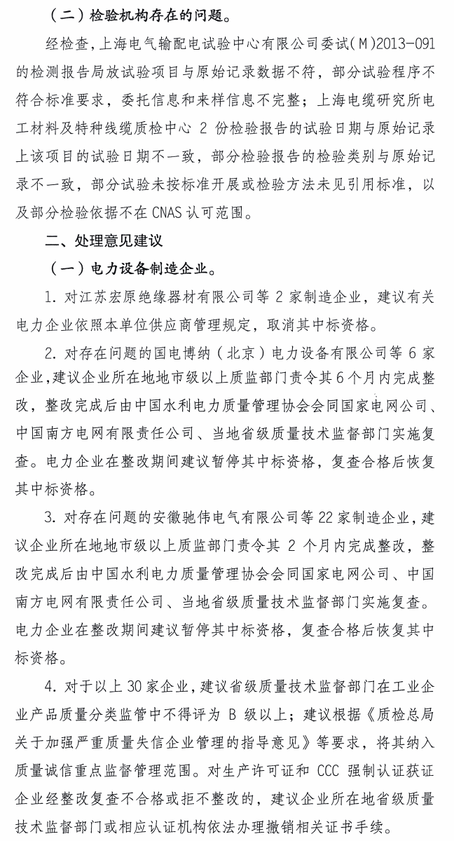 质检总局：关于电网设备材料质量监督行动有关工作情况的通报