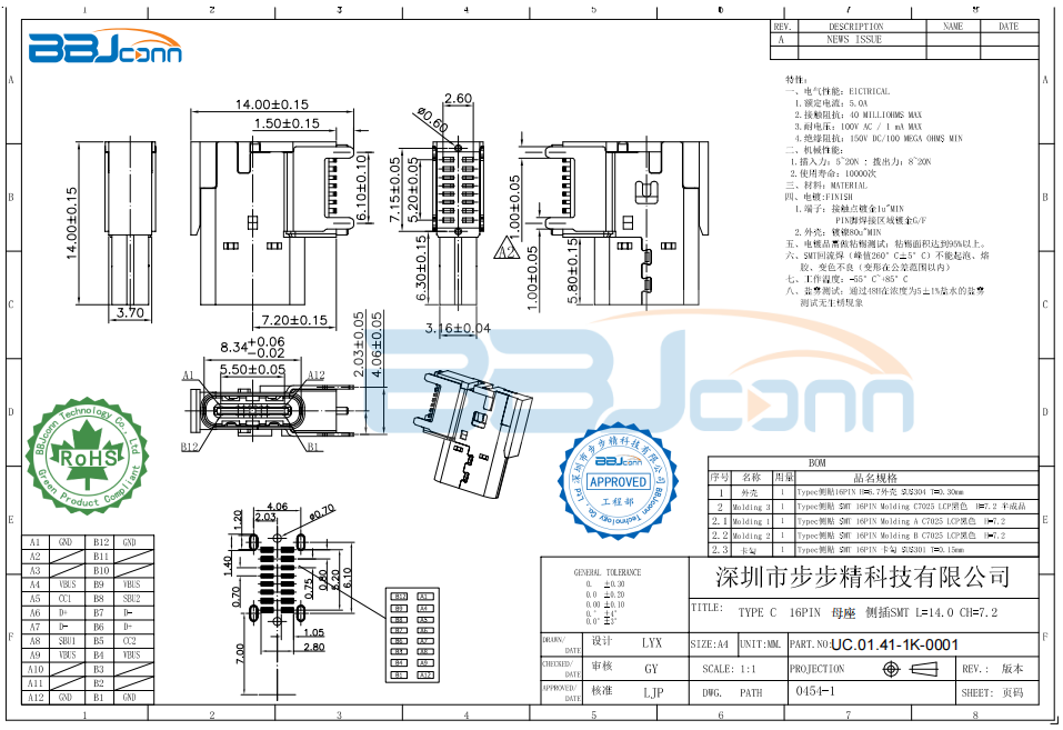 TYPE C 16PIN 母座 侧插SMT L=14.0 CH=7.2