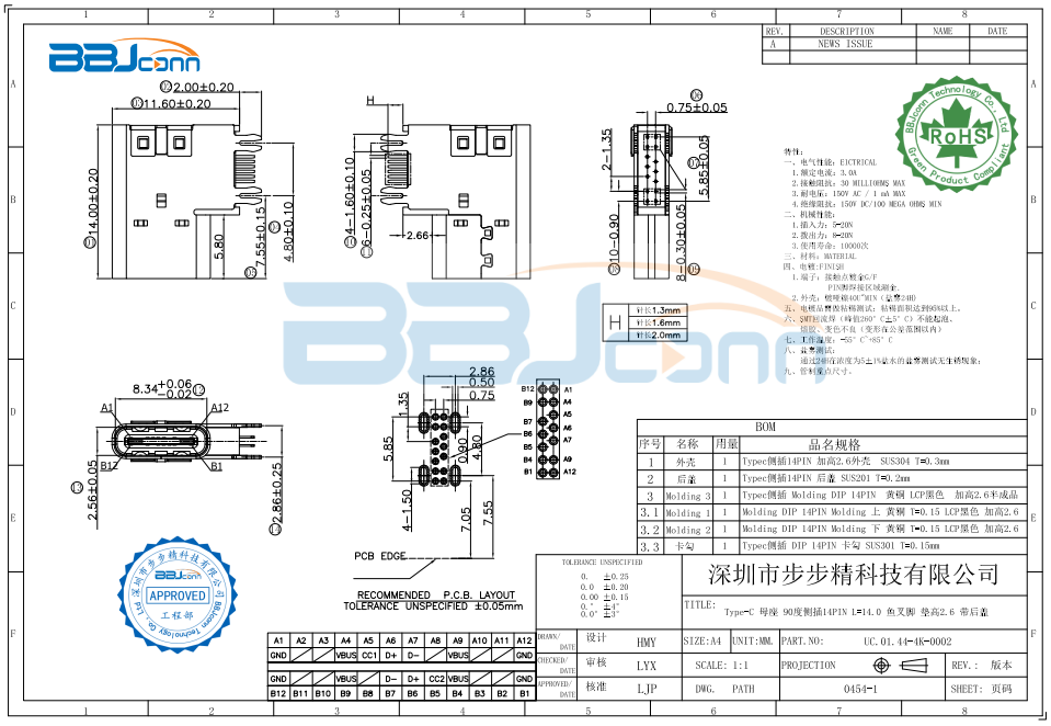 Type-C 14PIN母座 侧插L=14.0  垫高2.6 带后盖