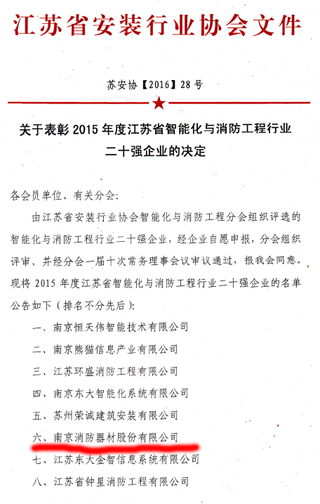 中国南消荣获全国、江苏省智能化与消防工程行业三十强和二十强企业称号