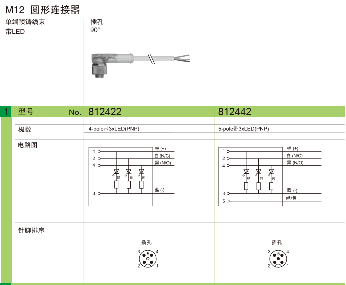 M12 圓形連接器 單獨預鑄線束 帶LED 插孔90°