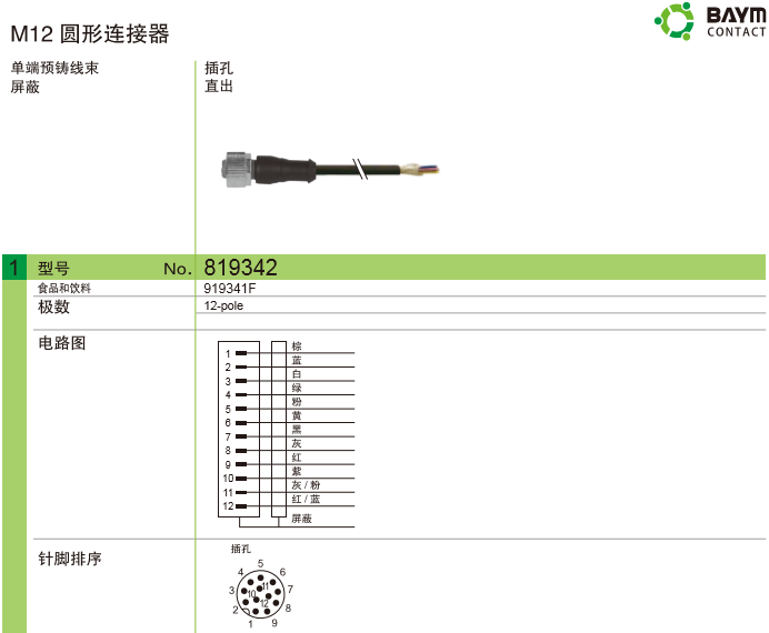 M12 圓形連接器 單端預(yù)鑄線束 屏蔽 插孔直出