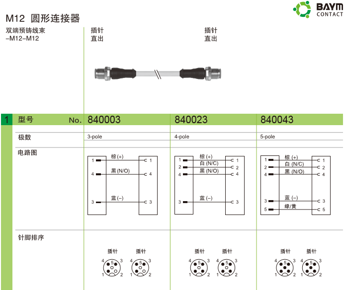 M12 圓形連接器 雙端預(yù)鑄線束-M12-M12 插針直出 插針直出