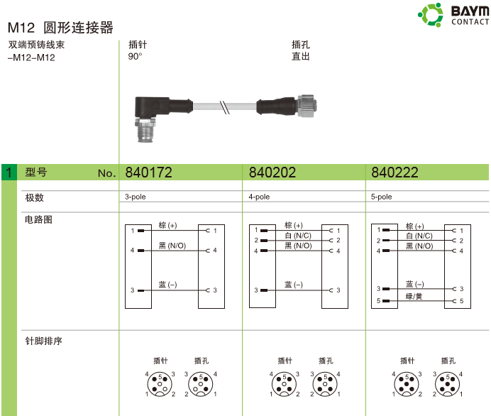 M12 圓形連接器 雙端預鑄線束-M12-M12 插針90° 插孔直出