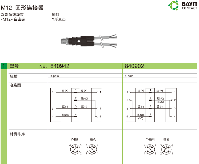 M12 圆形连接器 双端预铸线束-M12-自由端 插针 Y兴直出