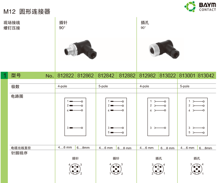 M12 圆形连接器 现场接线 螺钉压接 插针90° 插孔90°