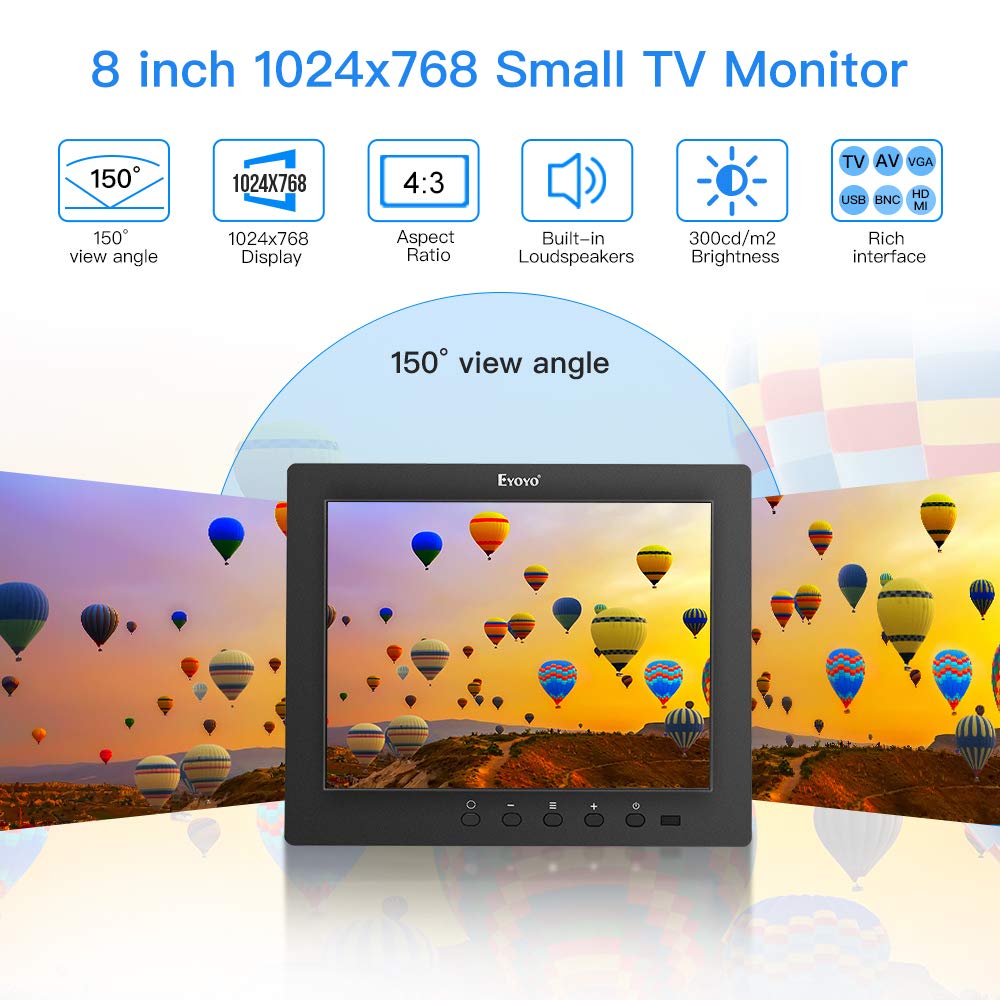 Eyoyo 8 inch HDMI Small TV Monitor, 1024x768 LCD IPS Screen Kitchen TV Support TV/HDMI/VGA/USB/AV Input w/Remote Control Built-in Loudspeakers Compatible with DVD PC CCTV Security System Raspberry Pi