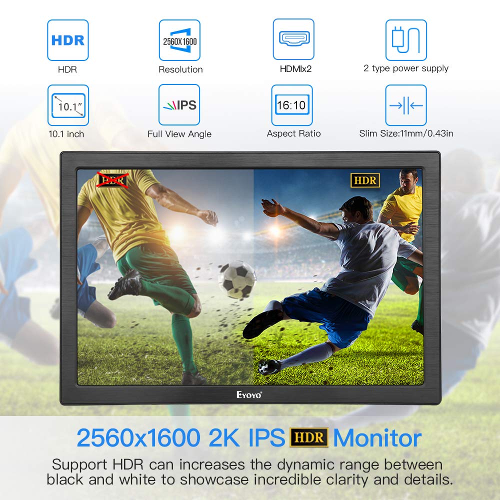 Portable HDMI Gaming Monitor, Eyoyo 10” inch IPS Portable Seceond Screen 2560x1600 High Resolution for PC Laptop Compatible with PS4, Xbox one Xbox 360, Raspberry Pi