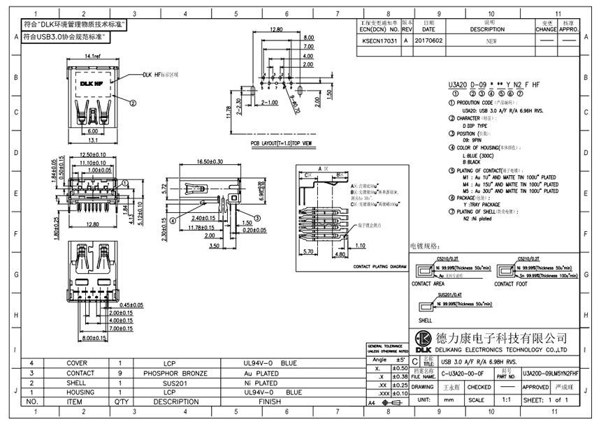 USB 3.0 A/F R/A 6.98H RVS