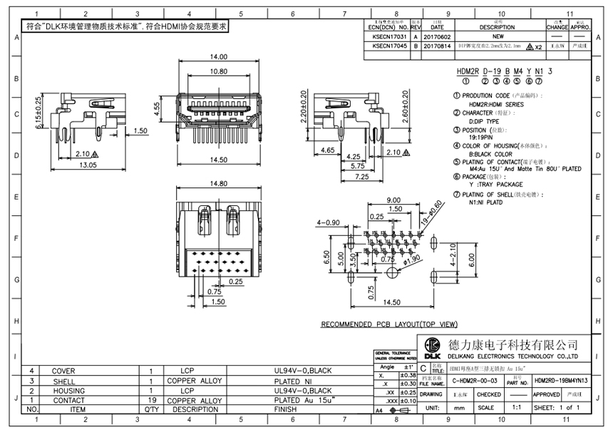 HDMI 母座A型三排无锁扣 Au 15u