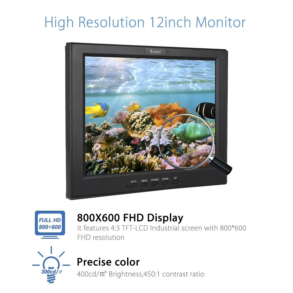 Eyoyo 12 Inch HDMI Monitor with BNC VGA AV HDMI Input 800x600 Portable 4:3 TFT LCD Mini HD Color Video Screen with Bulit-in Speaker