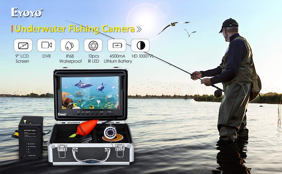 Eyoyo Portable 9 inch LCD Monitor Fish Finder HD 1000TVL Fishing Camera Waterproof Underwater DVR Video Cam (9 inch Infrared Lights(30m))