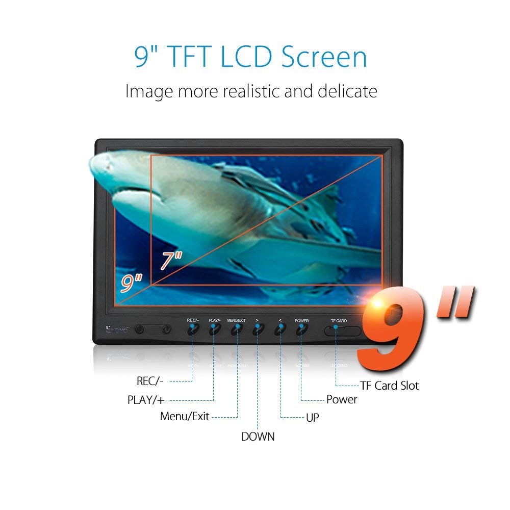 Eyoyo Portable 9 inch LCD Monitor Fish Finder HD 1000TVL Fishing Camera Waterproof Underwater DVR Video Cam (9 inch Infrared Lights(30m))