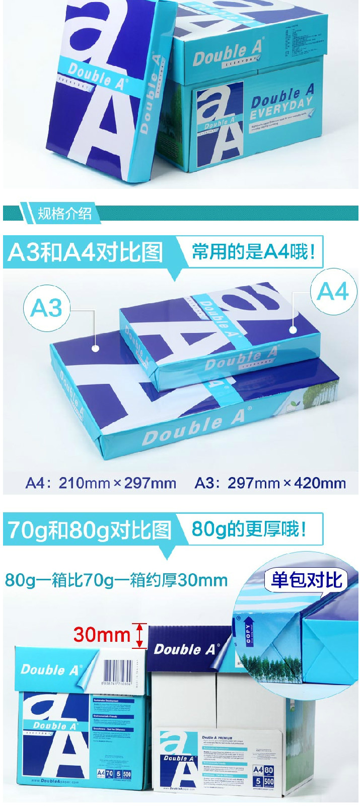 DoubleA 复印纸 A3 70克 5包/箱