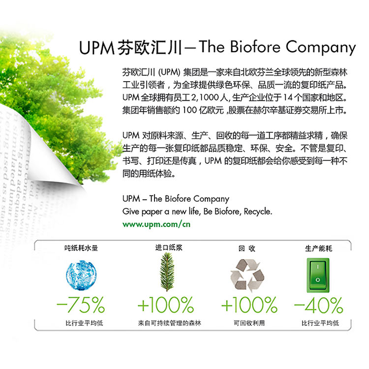 佳印（UPM）A3 80克纯木浆高白复印纸 5包/箱