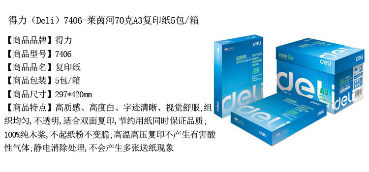 得力（Deli）7406 萊茵河70克A3復印紙 5包/箱