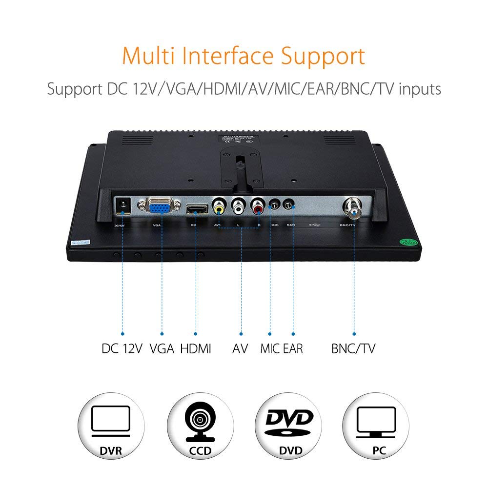 Eyoyo 10 Inch IPS LCD Monitor 1280x800 Resolution Support HDMI VGA BNC AV Input for PC TV Security display(10 inch)