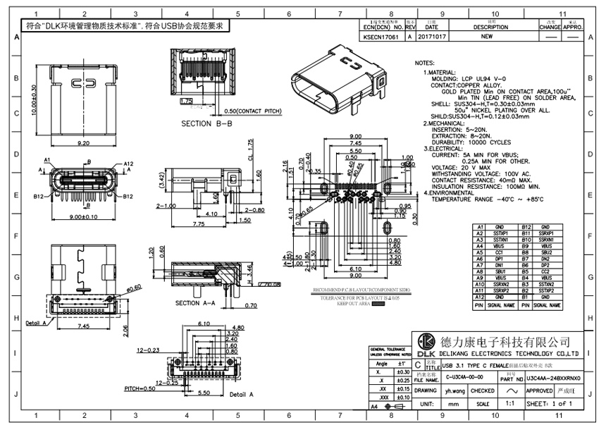 USB 3.1 TYPE-C/F 前插后贴双外壳 B款