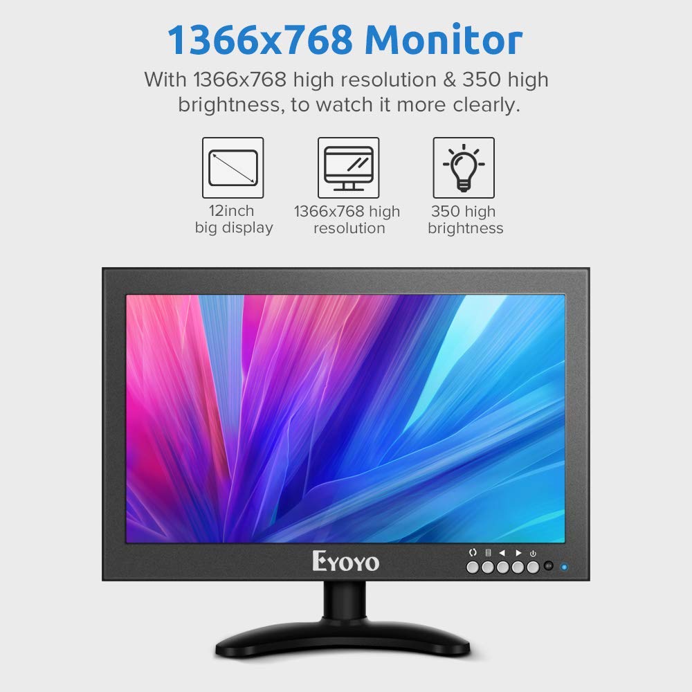 Eyoyo 12'' inch Small HDMI CCTV Monitor, 1366x768 IPS Metal Housing LED Screen W/Wall Bracket&Remote Control with HDMI/VGA/AV/BNC Input Built-in Speakers for PC, Security Camera, Raspberry Pi