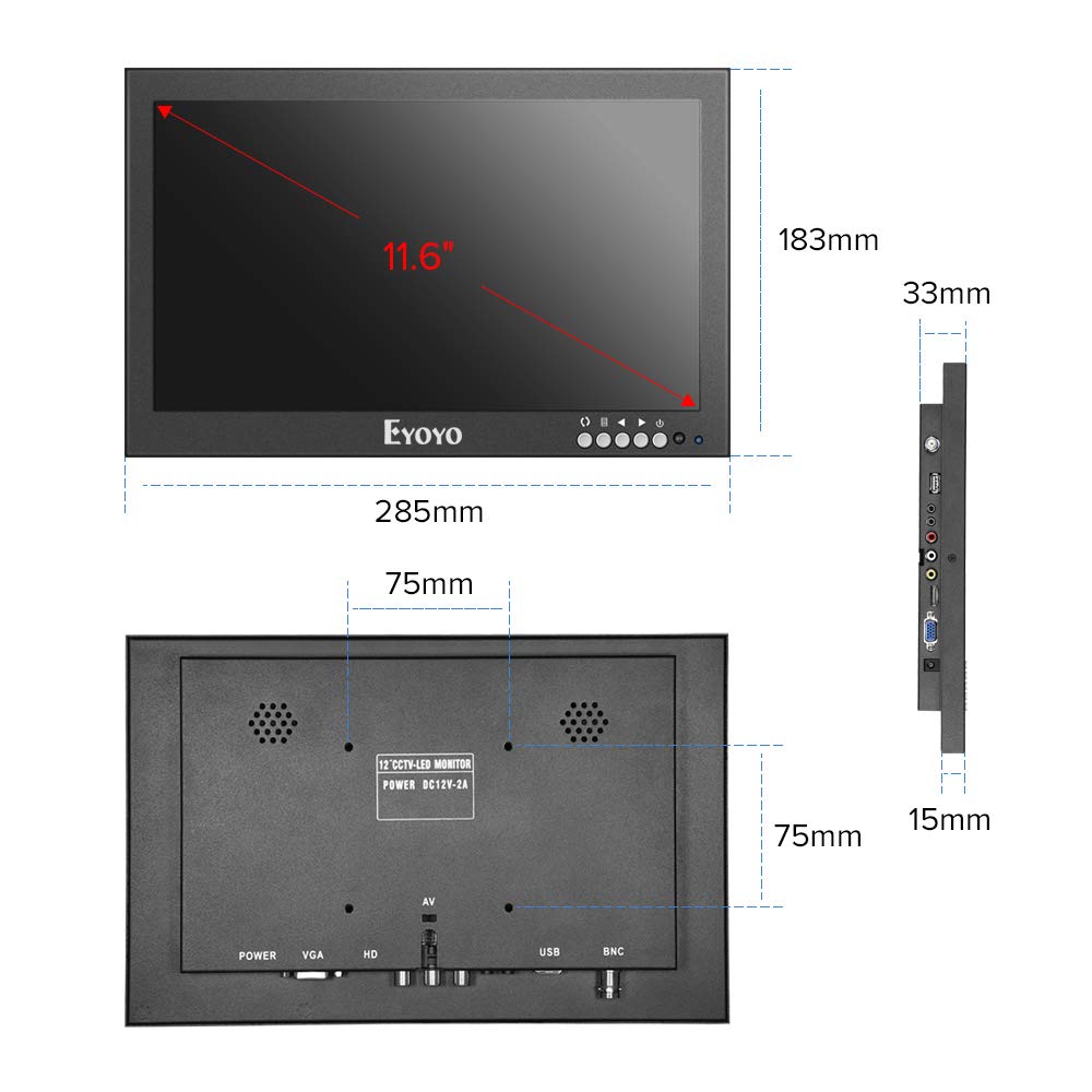 Eyoyo 12'' inch Small HDMI CCTV Monitor, 1366x768 IPS Metal Housing LED Screen W/Wall Bracket&Remote Control with HDMI/VGA/AV/BNC Input Built-in Speakers for PC, Security Camera, Raspberry Pi