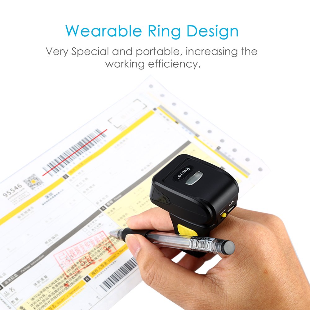 Eyoyo 1D Wireless Ring Barcode Scanner, Compatible with Bluetooth Function & 2.4GHz Wireless & Wired Connection, Portable Wearable Mini Finger Bar Code Reader Work with Windows, Mac OS, Android 4.0+,