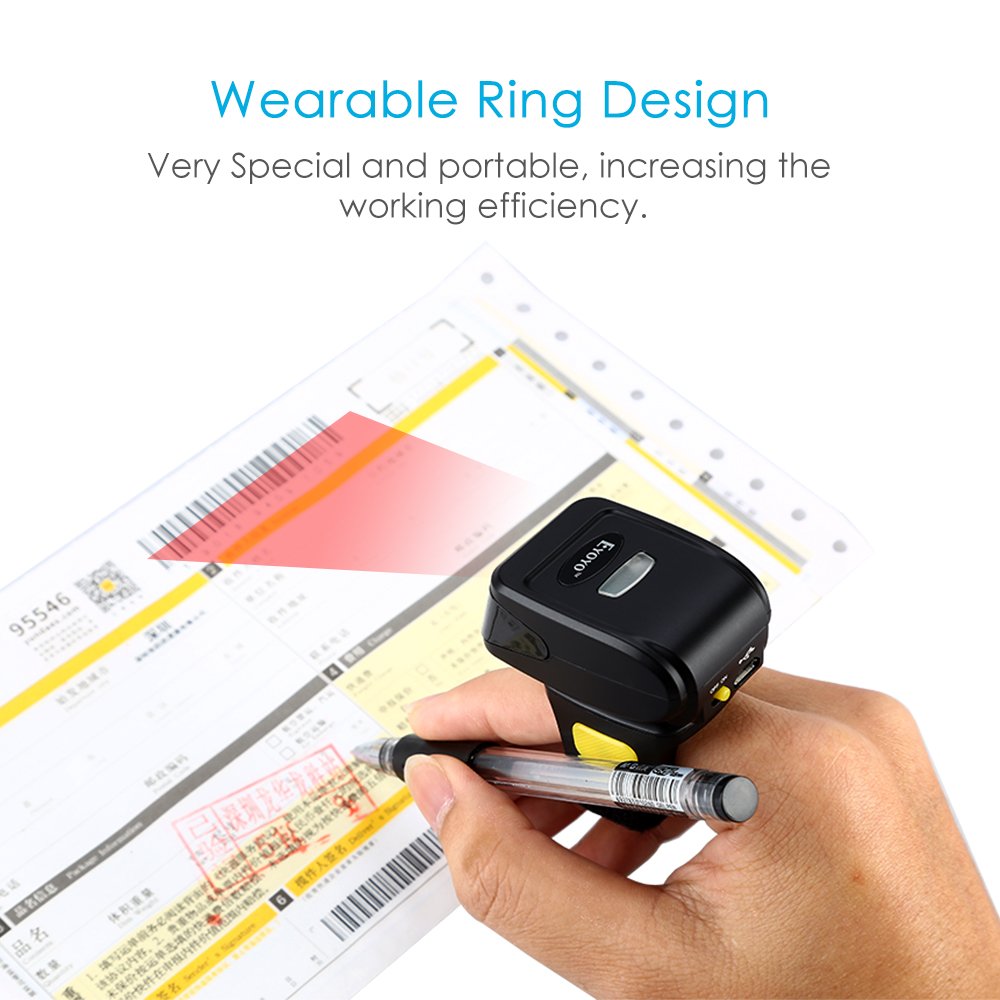 Portable Ring 1D 2D QR Barcode Scanner,Wearable Wireless Finger Mini Bar  Code Reader Compatible for Windows, Mac OS, Android 4.0+, iOS Support Scan QR  PDF417 DataMatrix on Screen and Paper,2D barcode scanner