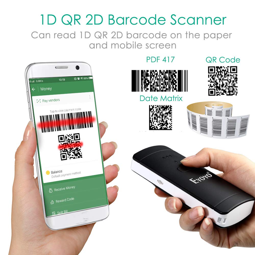Eyoyo 1D 2D QR Wireless Barcode Scanner, Compatible with Bluetooth Function & Wired Connection Portable CCD PDF417 Data Matrix Bar Code Reader for Mobile Payment Computer Screen