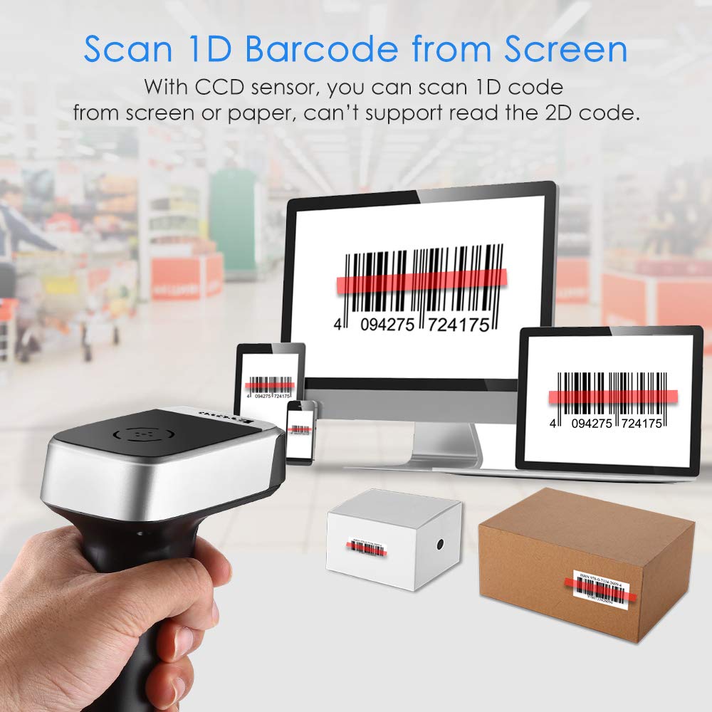 Eyoyo 1D 2D QR Wireless Barcode Scanner, Compatible with Bluetooth Function & 2.4GHz Wireless & Wired Connection, CCD PDF417 Data Matrix Bar Code Reader for iPad, iPhone, Android Phones, Tablets